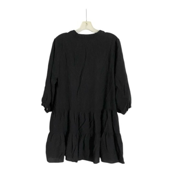 See You Soon Mini Dress Tiered Skirt 3/4 Sleeves Gold Button Front Black Crepe - Picture 2 of 5